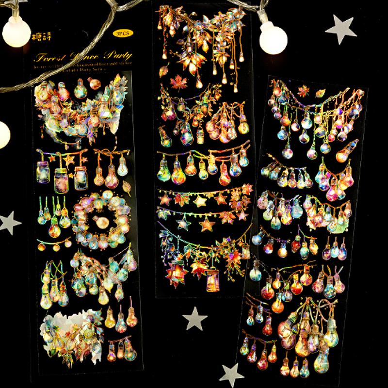 Mr. Paper 4Style 12Pcs/bag Ice Crystal PET Stereoscopic Laser Gold Flat Stickers DIY Handbook Creative Materials Decorative Card