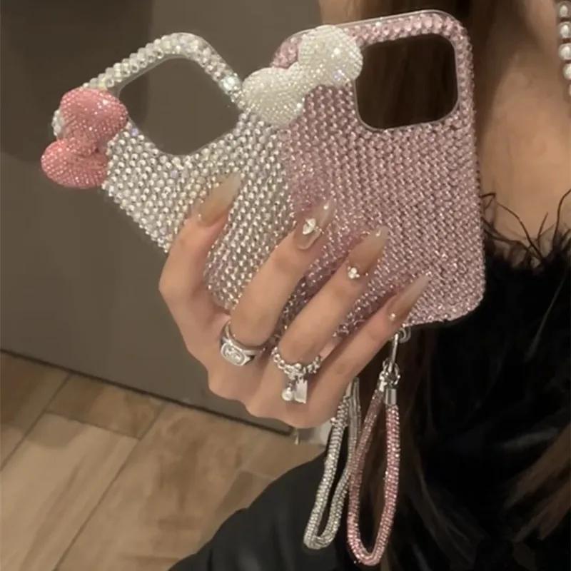 For IPhone 16 15 14 13 12 11 Pro Max 16 Plus Bow Phone Case Shiny Pink and Silver Bows Protective Jacket