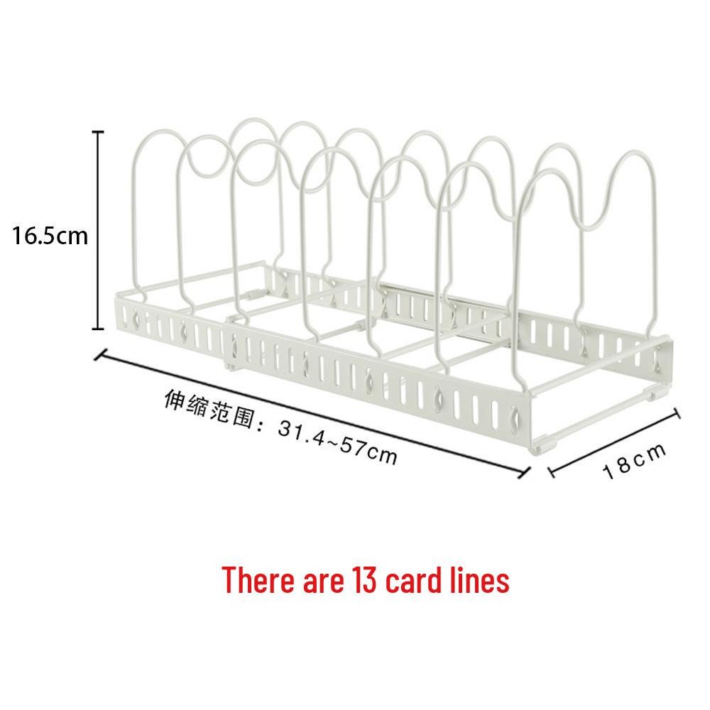 Adjustable Kitchen Storage Rack Organizer for Cookware, Cutting Boards, Pot Lids, and Telescopic Shelf.