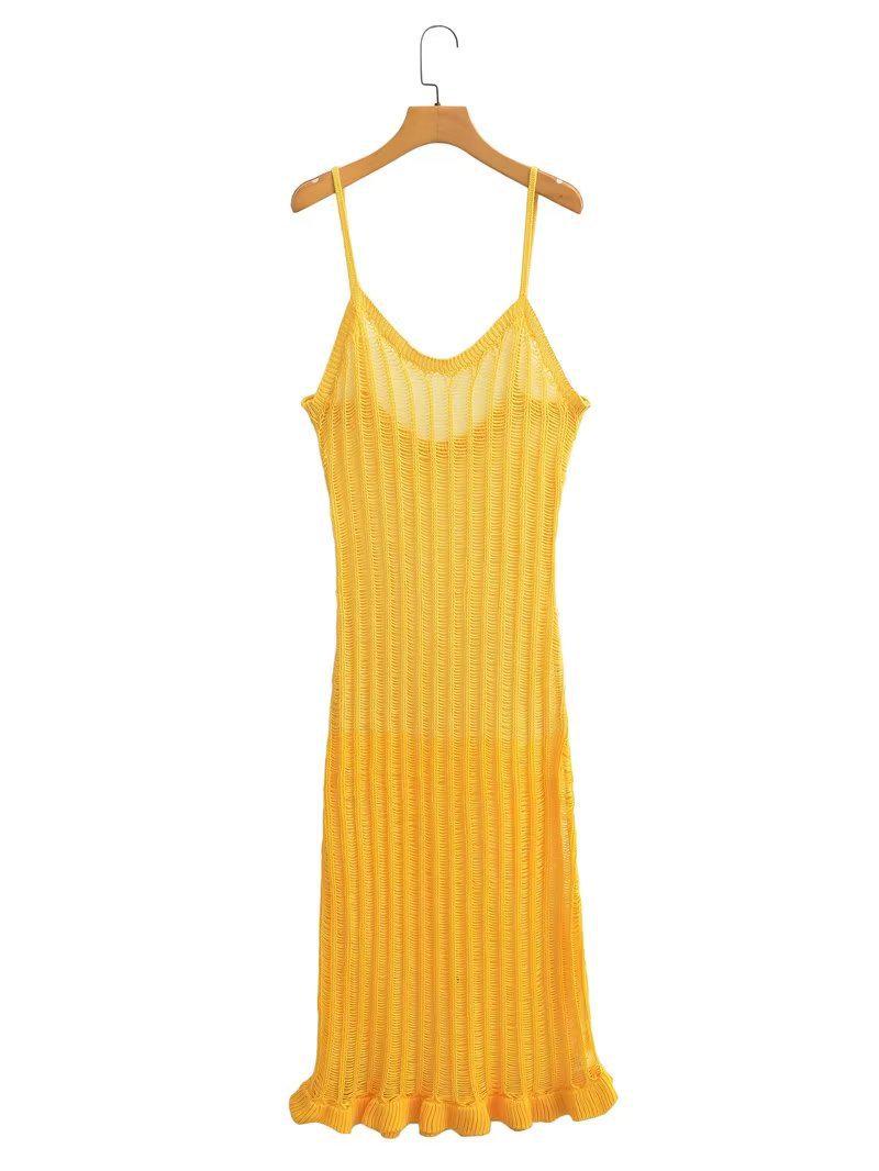 

Осеннее женское трикотажное платье с подтяжками и U-образным вырезом с ажурной строчкой Small