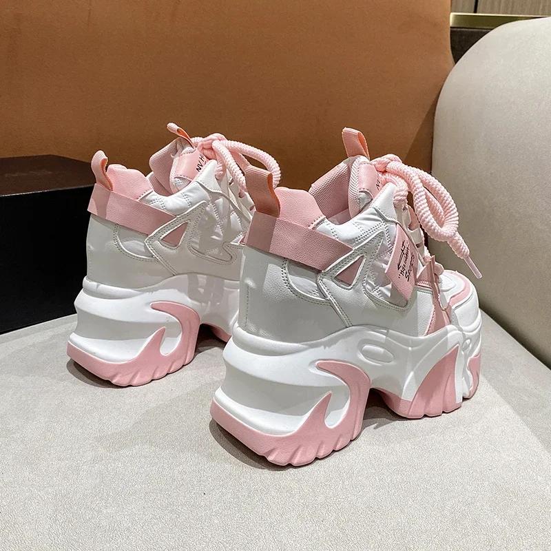 Damen High Platform Casual Lederschuhe 2025 Neu Herbst Schnür-Chunky-Sneakers 10CM Wedges Versteckte Absätze Freizeitschuhe Frau