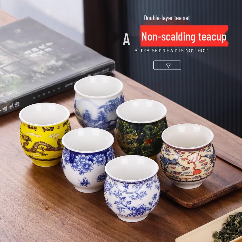 Blue and White Porcelain Heat-Insulating Ceramic Tea Cup - Large Anti-scalding Double-Walled Design for Home Use
