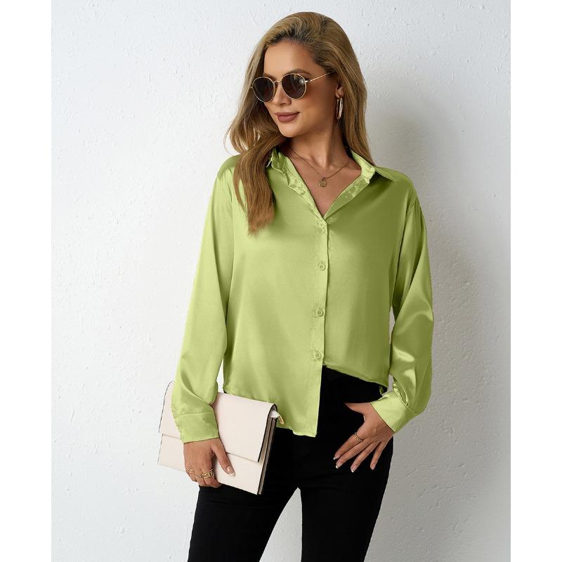 Women's Satin Shirt Simple V-neck Button Blouse Loose Long Sleeved Blouses & Shirts