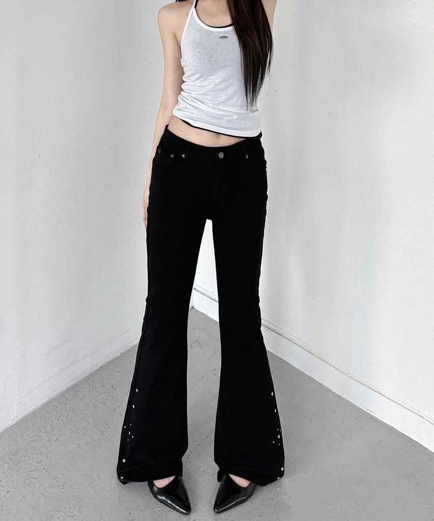 Millieonkoleu Studded Black Slim Cotton Bootcut Pants