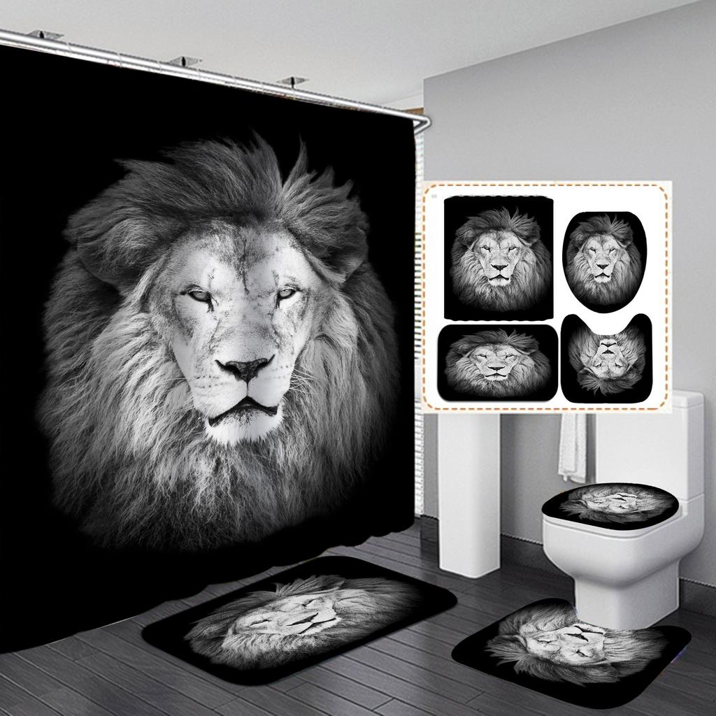 Seturi de perdele de duș din seria Lion 4 buc pentru baie Covoare de baie antiderapante Capac capac de toaletă Covoraș de baie