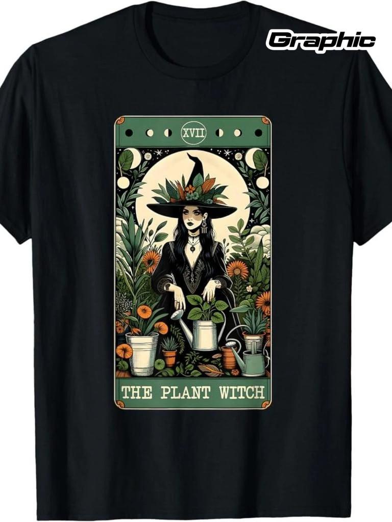 The Plant Witch Tarot Card Graphic T-Shirt Vintage Floral Witch Tee