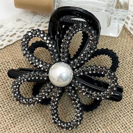 Flower Pearls Shark Clip Zircon Shiny Hair Claw Rhinestone Shark Clip  Party