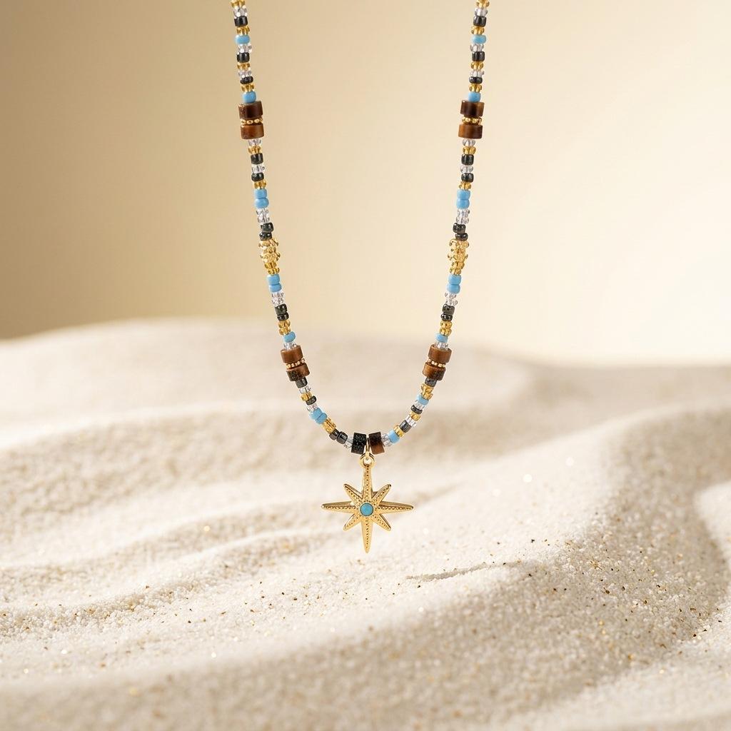 New Chinese Octagram Natural Stone Dopamine Color Beaded Necklace Femininity Retro Niche Collarbone Chain