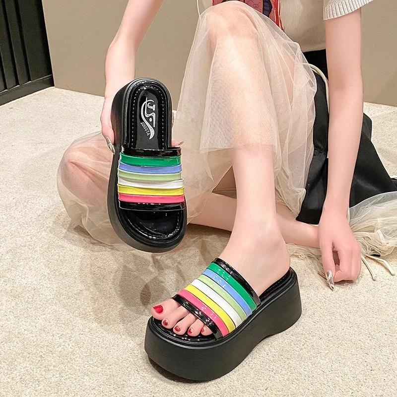 Fashion 7.5CM High quality Summer women's Thick soled white High-heel Sandals women's slope heel square toe slippers Women's Slippers