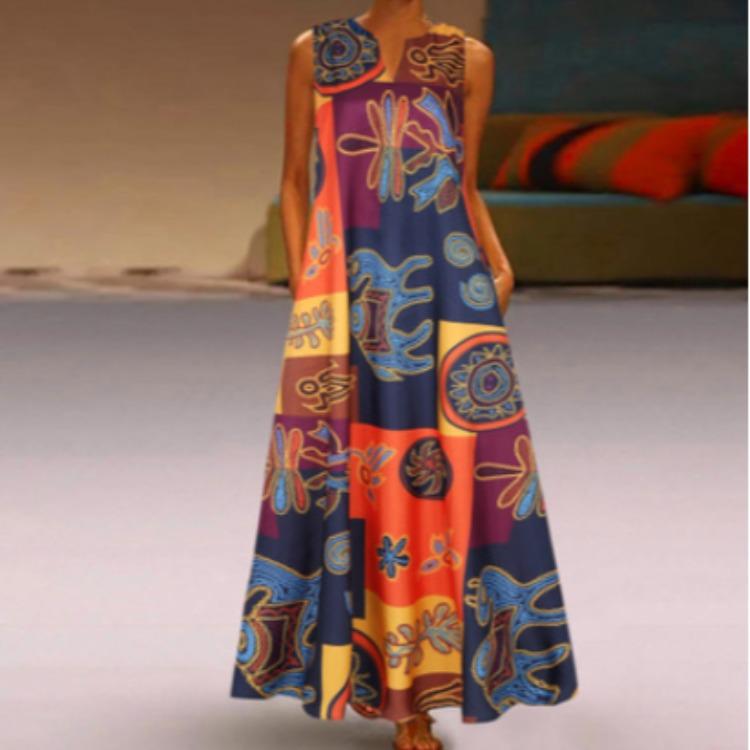 Summer V-Neck Sleeveless Dress with Pockets Vintage Print Color Block Design Comfortable Breathable Lightweight Slimming Flattering Fit for Women