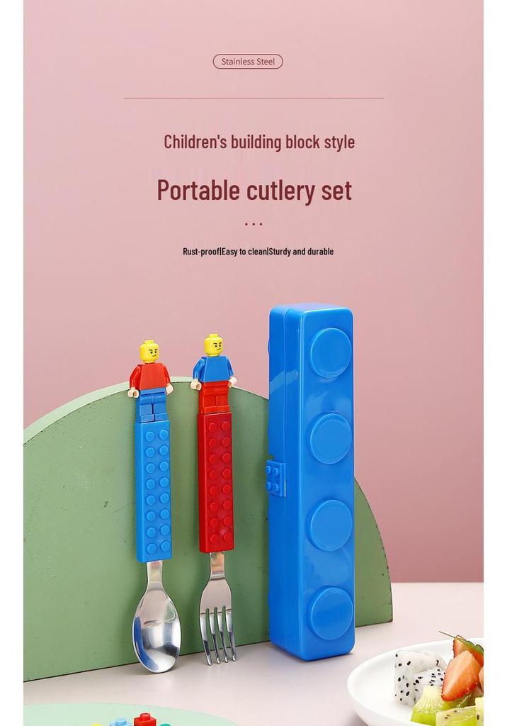 Children's Portable 304 Stainless Steel Tableware Set: Cartoon Building Block Lunch Box with Spoon & Fork.