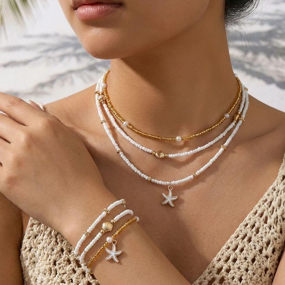 Boho Multilayer Starfish Shell Rice Beads Jewelry Set for Women Vintage Imitation Pearl Necklace Earrings Summer Beach Jewelry