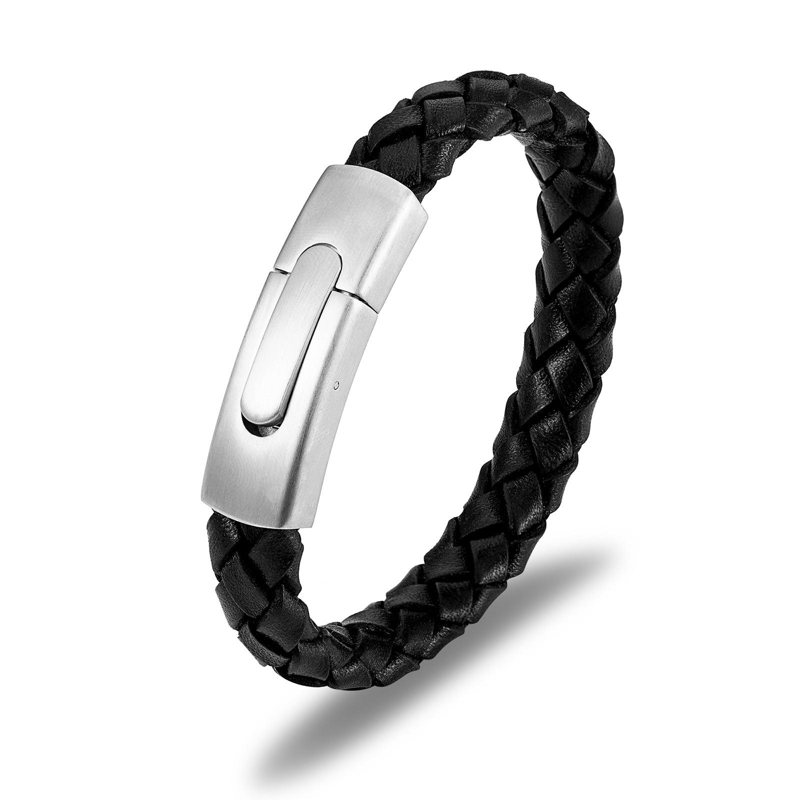 Leather Accessories, Stainless Steel Snap Retro Cowhide Men s Bracelets, Braided Leather Rope Bracelets