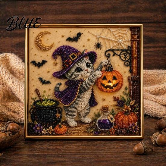 DIY Cat Craft for Adults Halloween Faux Pearl Painting Art Kit Spooky 3D Beads Moonlight Theme Crafts Cute Witch Gem Wall Adults Lovers Beginner