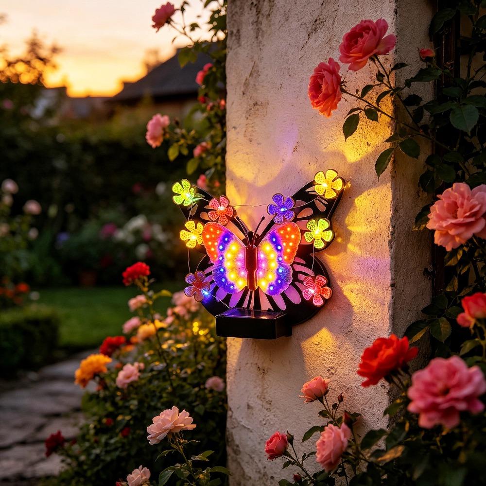 Zewnętrzna Lampa Ścienna Solarna z Dekoracją Motyla – Lampa Krajobrazowa do Ogrodu i Dziedzińca Willi / Lampka Ścienna Ambientowa