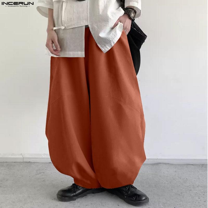 INCERUN Men Elastic Waist Cotton Linen Casual Solid Color Drop-crotch Pants Lantern Trousers