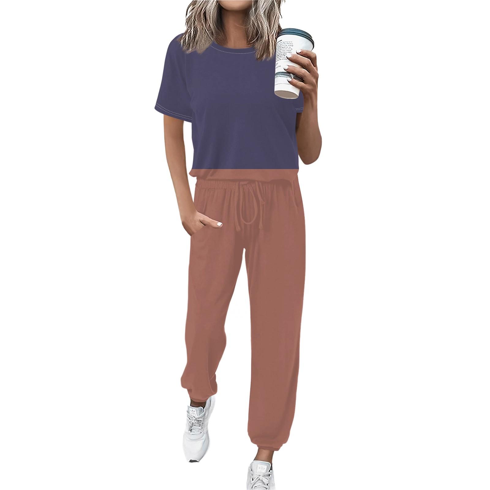 

Женский спортивный костюм с круглым вырезом и коротким рукавом, свободные брюки S верблюд