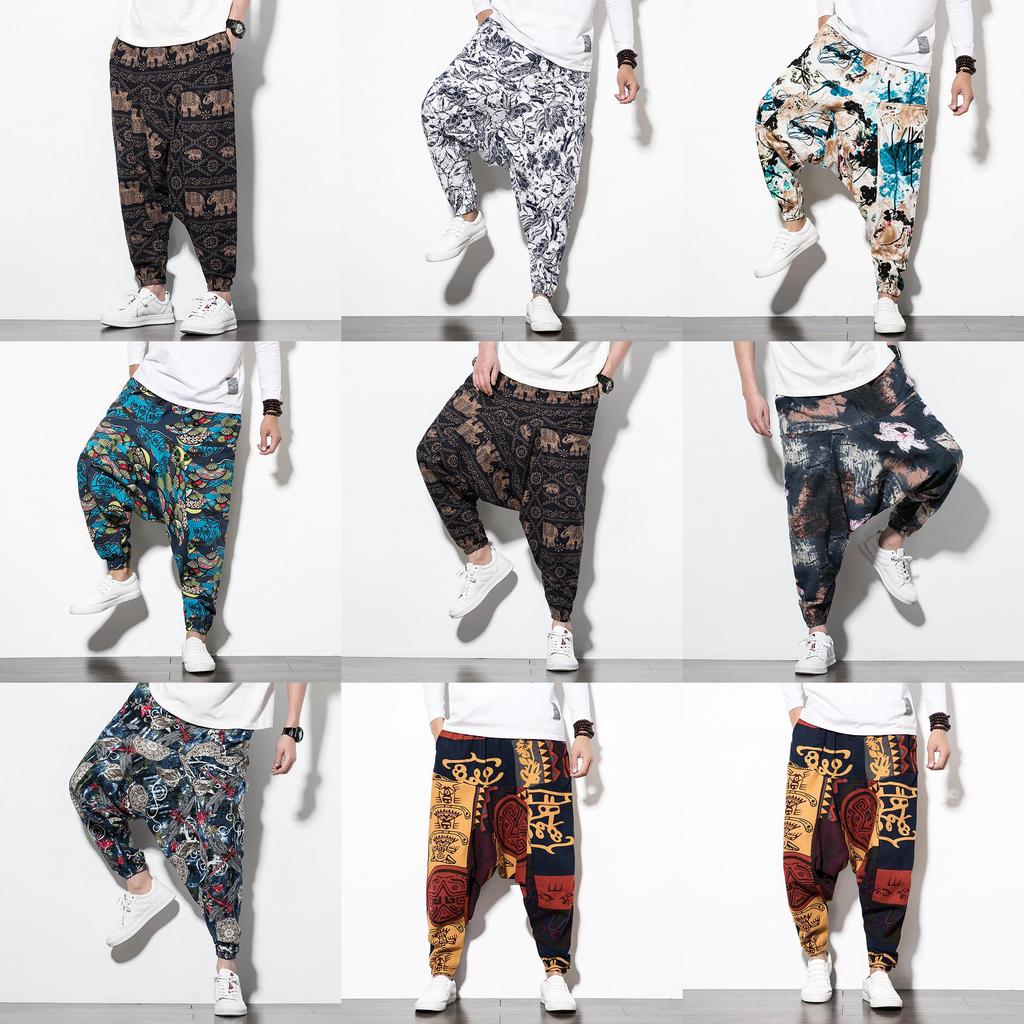 Chinese Style Summer Loose Cotton Pants With Drawstring For Casual Youth Men