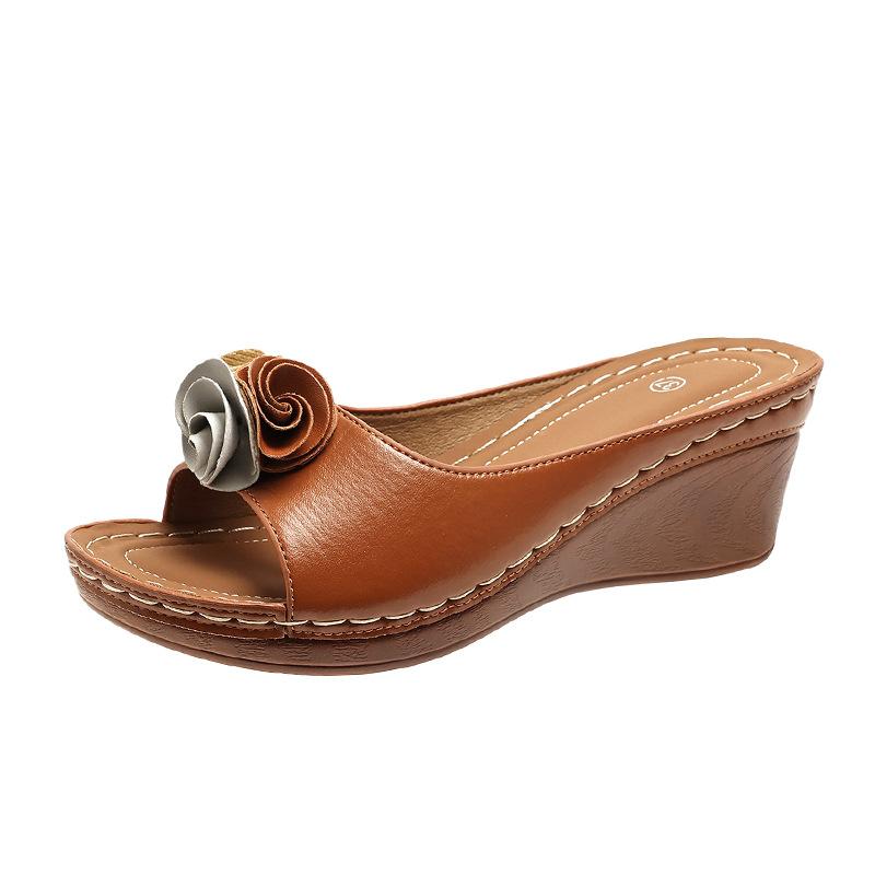 Flower color matching thick-soled one-word slippers women's outer wear wedge heel light solid color cool slippers
