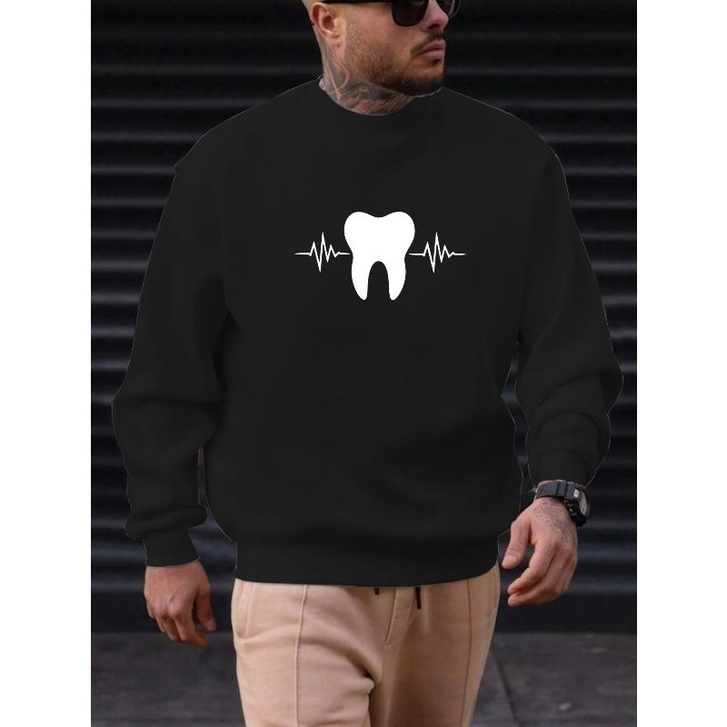 Men's Casual Round-Neck Sweatshirt Featuring Teeth And Heartbeat Pattern.