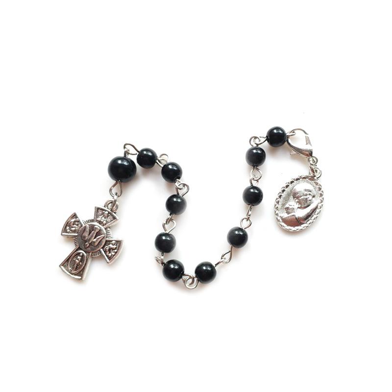 QIGO Vintage Black Glass Rosary Cross Bracelets For Men Women Religious Jewelry