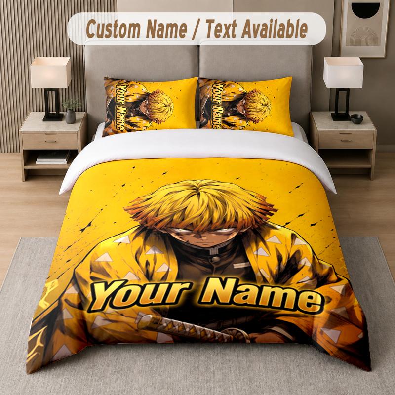Custom Name Zenitsu Agatsuma 3Pcs Duvet Cover Set Personalized Text Bedding Pillowcases Bedroom