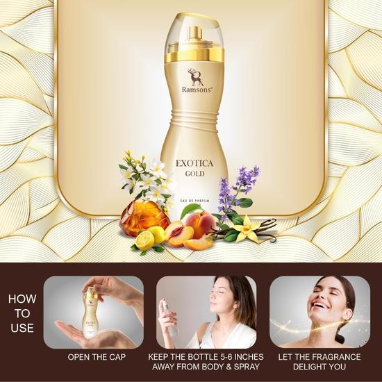 Ramsons - EXOTICA GOLD Eau De Parfum | 100 ML | Perfume For Women | TN - Cassis, Peach | MN - Jasmine, Rose | BN - Musk, Amber
