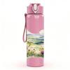 1PC Soft Pastel Mountain Lake Landscape Print 750ml Color Plastic Sports Water Bottle Leakproof Flip Straw Lid Suitable for Sports Office Home Use