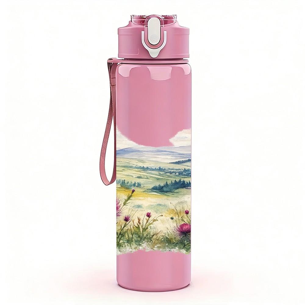 1PC Soft Pastel Mountain Lake Landscape Print 750ml Color Plastic Sports Water Bottle Leakproof Flip Straw Lid Suitable for Sports Office Home Use