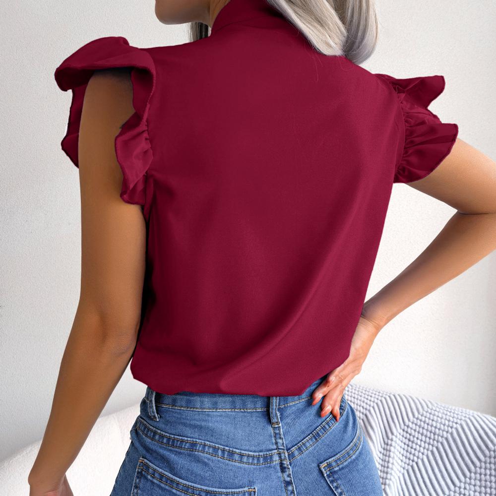 Women Spring Summer Temperament Commuter Wooden Ear Lace Up Bow Tie Chiffon Shirt Tops