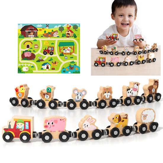 Kids Wooden Magnetic Farm Train Toy Color Cartoon Animal Number Preschool Learning Toddlers Boys Girls Educational Locomotive Carriages Toy