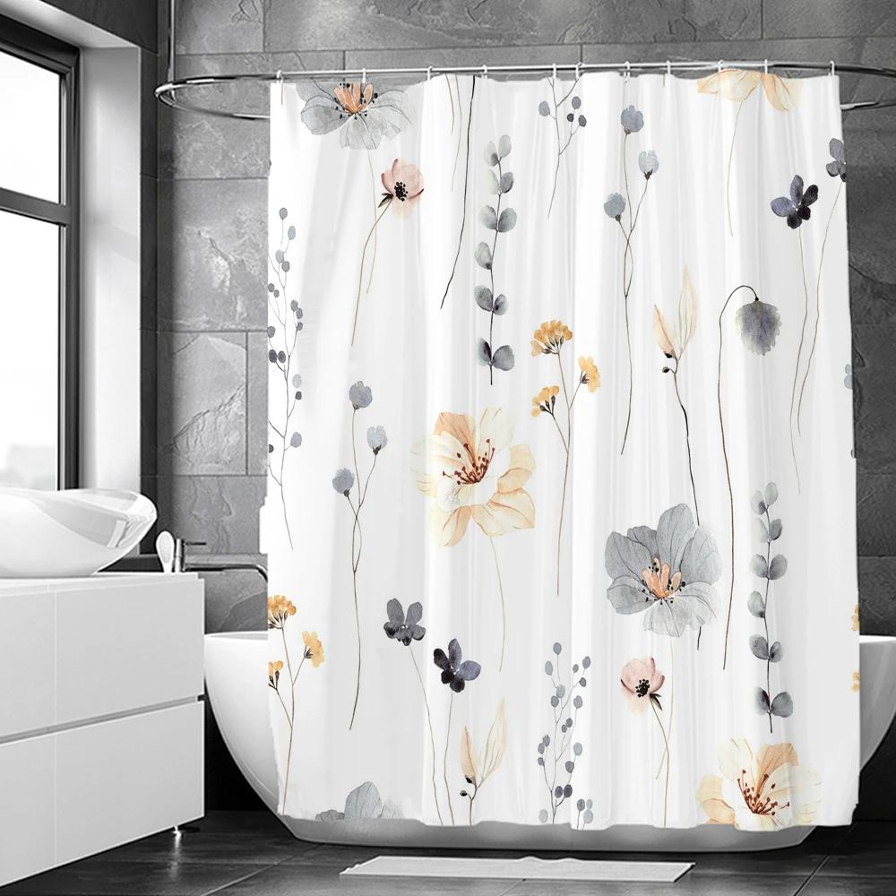 Elegant Flowers Shower Curtain 180x180cm Floral Printed Shower Curtain Polyester Bath Curtain Bathroom Decor Washable With Hooks
