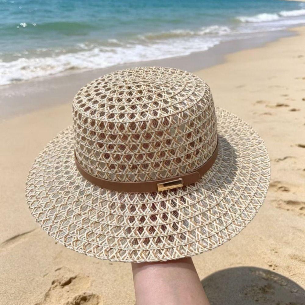 Buckle Decorated Band Straw Hat Hollow Out Beach Sun Hat Versatile Flat Brim Hat Spring Summer