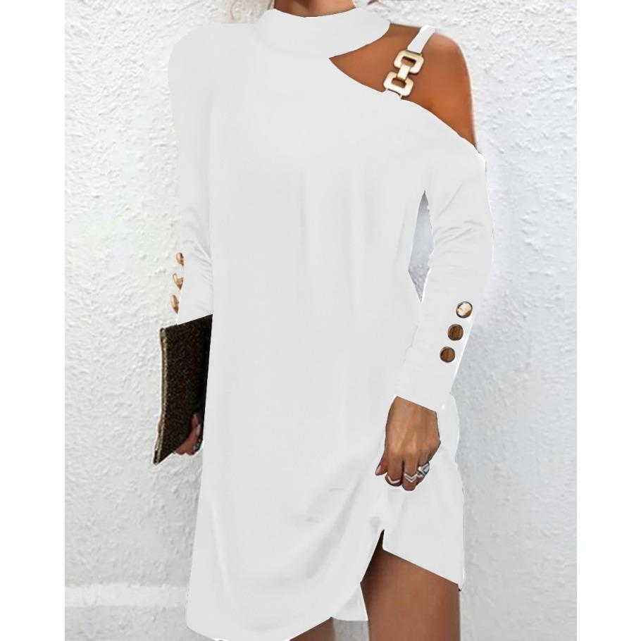 IHUASU Fall Simple Metal Buckle Neck Button Dress for Women