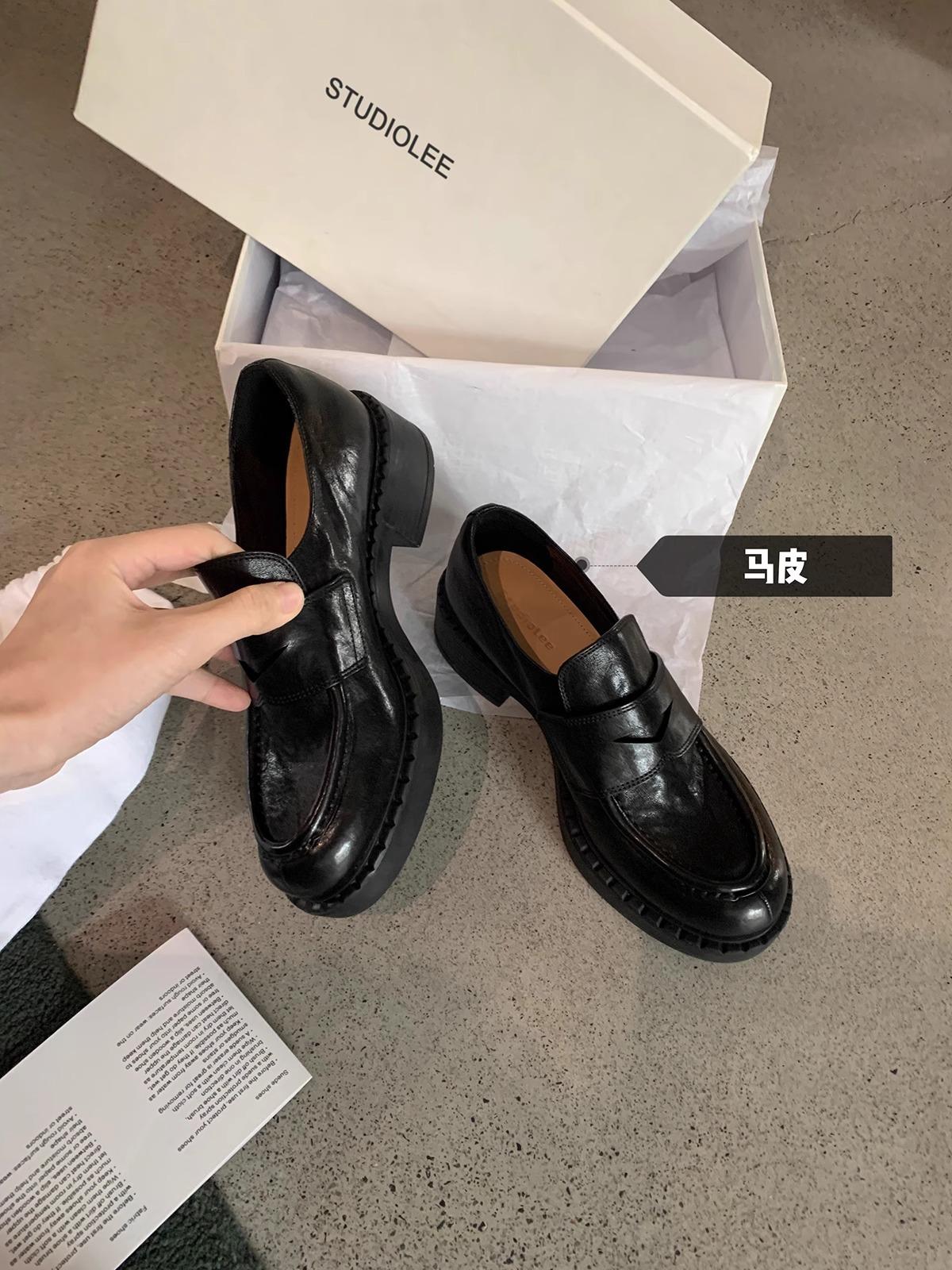 

Premium Cowhide Edition~ Grape Mom Same Retro British Style Round Head Thick Heel Lazy Loafers Women s Small Leather Shoes 35