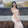 French gentle wind white lace splicing suspender dress vacation style temperament waist slim hip skirt summer
