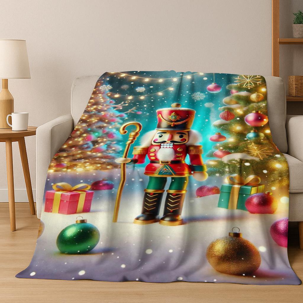 Frohe Weihnachten Baum Nussknacker Cartoon Puppe Neujahrsgeschenk Flanell Decke, Weiche Wohndecke für Zuhause Schlafzimmer Bett Sofa Kinder