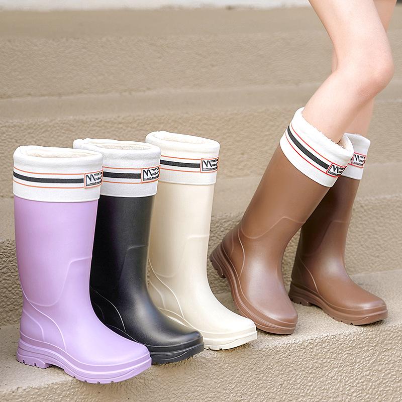 Women's tall tube fashion trend rain shoes waterproof and non-slip work rubber shoes water shoes kitchen velvet rain boots water
