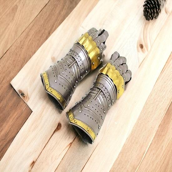 Handmade Armor Gauntlets Steel Gloves Brass Accents Warrior Metal Pair Medieval Knight Costume Rustic  Home Decor Gifts