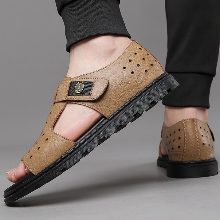 Men's Leather Perforated Sandals Adjustable Strap Breathable Summer Casual Shoes