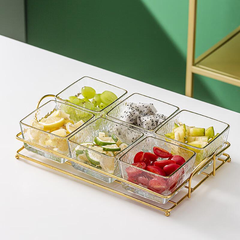 Hammered Glass Partitioned Snack Plate with Gold Stand