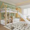 Bunk Bed, Children's Bed, with Fun Slide, Free Space with Fence, Sturdy Slatted Frames and Ladder, Pine + MDF + Plywood, White+Natural, 90x200cm