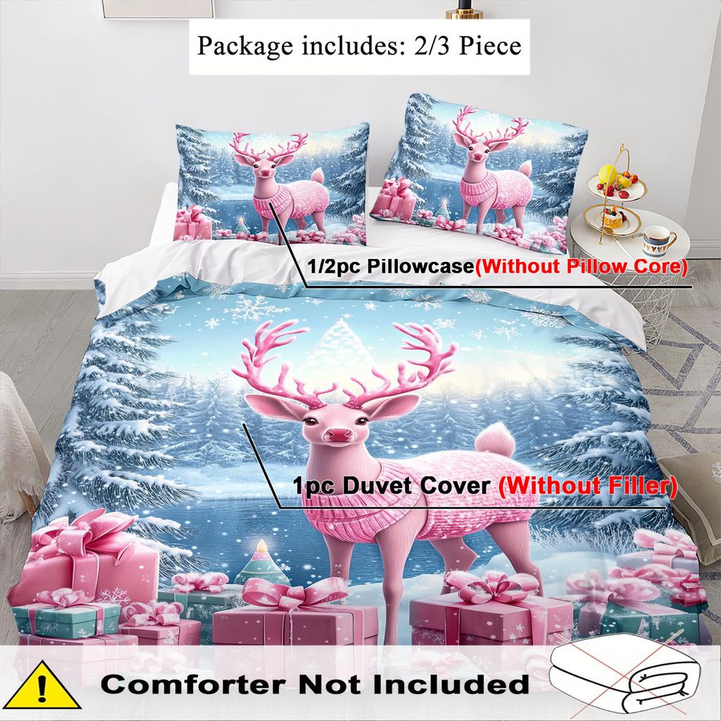 Deer Theme Down Comforter Cover Set - 2/3Pcs Soft Comfortable Breathable Christmas Gift Bedding Set