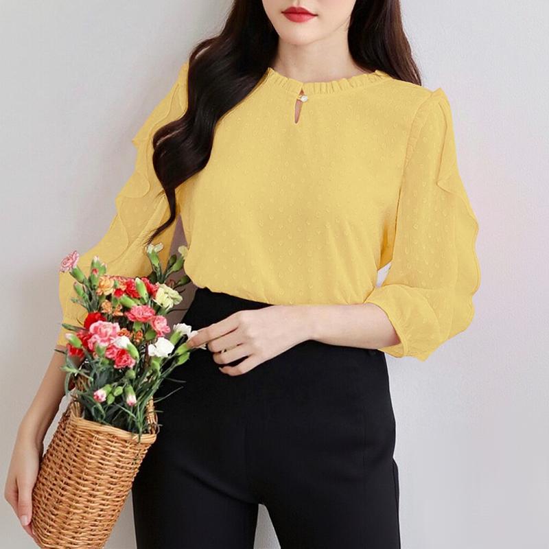ZANZEA Womens Casual Ruffles Splice 3/4 Sleeve Summer Sheer Cover Up Blouse