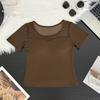 Mesh solid color V-neck T-shirt women's with chest pads, medium sleeves, summer new slim-fitting and thin inner bottoming shirt, foreign-style top