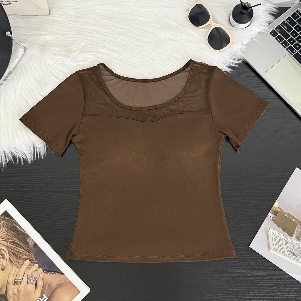 Mesh solid color V-neck T-shirt women's with chest pads, medium sleeves, summer new slim-fitting and thin inner bottoming shirt, foreign-style top