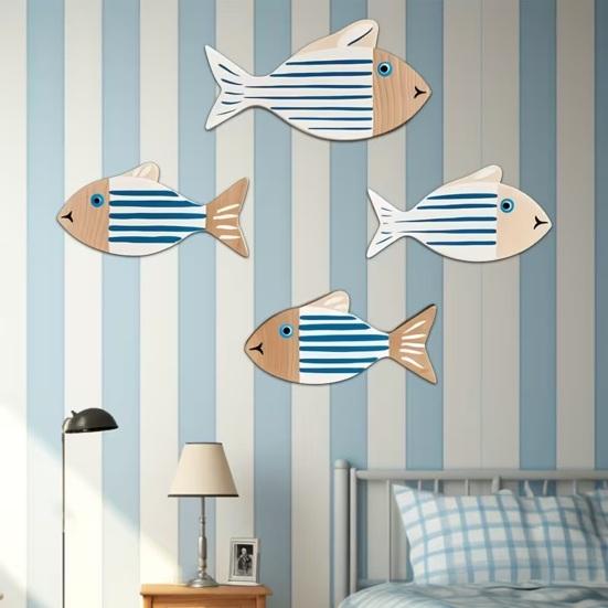 4 Pcs Rustic Wood Fish Wall Art Beach Nautical Wall Hanging Decor Ocean Coastal Theme Fish Wall Sculpture for Home Bathroom Bedroom Lake House