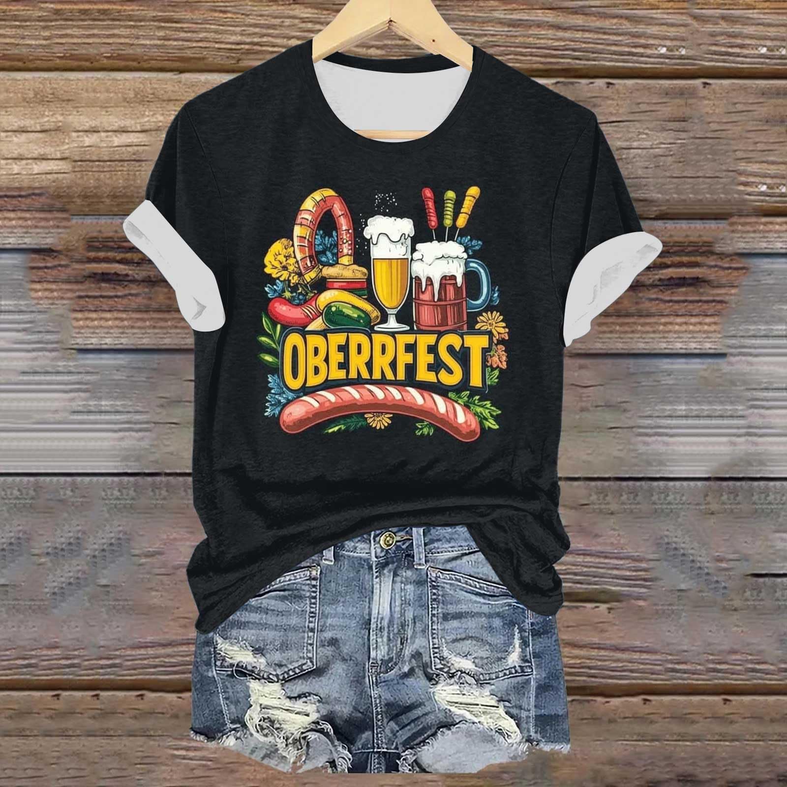 Damen Freizeit Pullover T-Shirt Kurzarm Rundhals Tee Top Oktoberfest Druck Grafikshirt XXL white