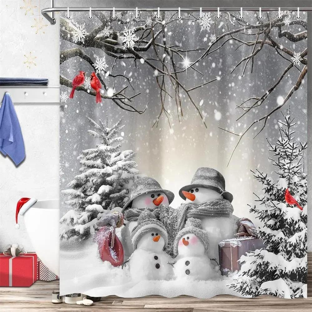 Cute Christmas Snowman Shower Curtains Xmas Tree Balls Green Pine Branches Winter Snow New Year Home Bathroom Decor Set Fabric