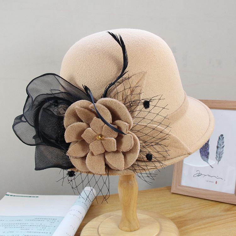 Autumn And Winter Thermal Hat Women'S British Retro Woolen Hat Elegant Celebrity Mesh Flower Bowler Hat